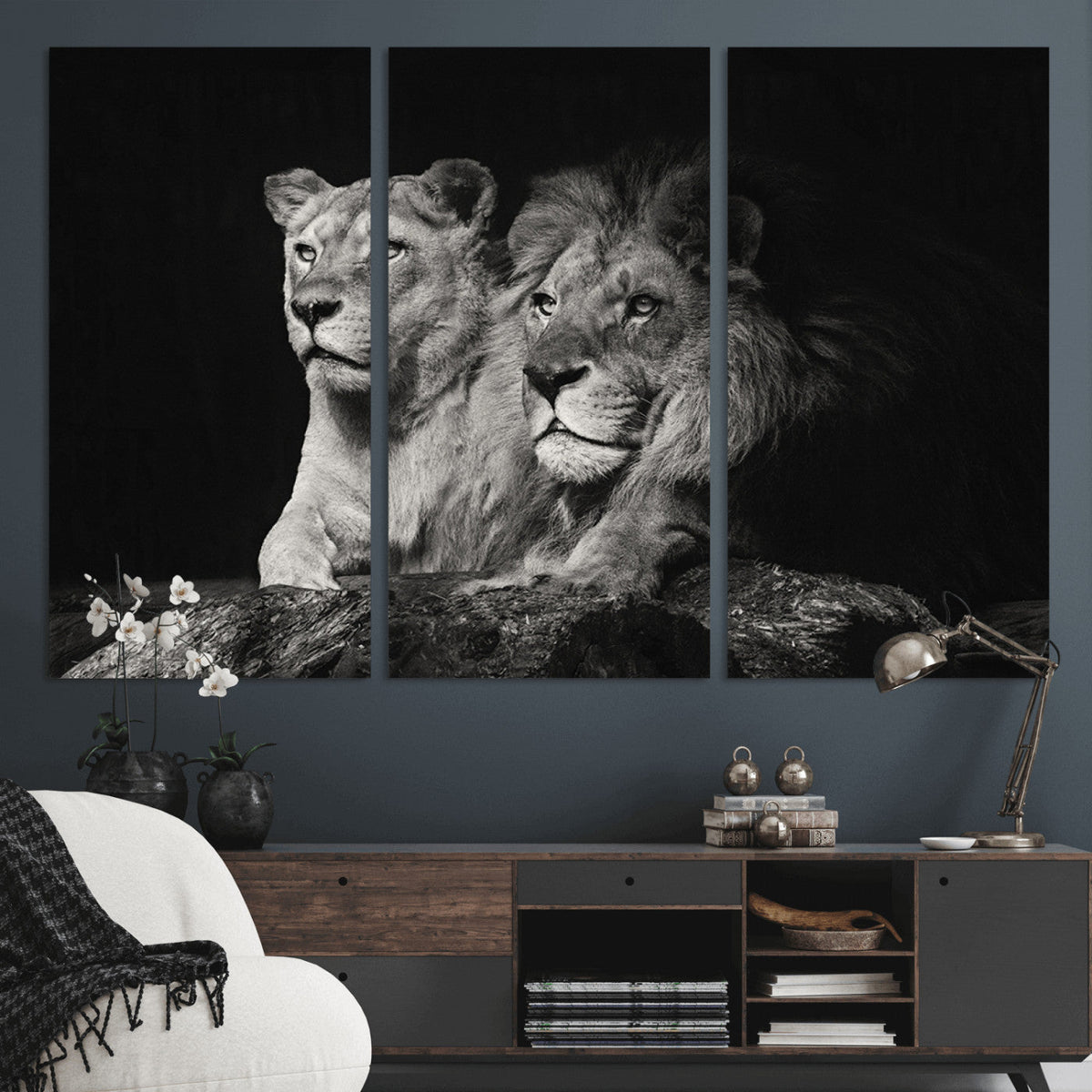 Lion Couple Wall Art Canvas Print, Elegant Black and White Wildlife Portrait