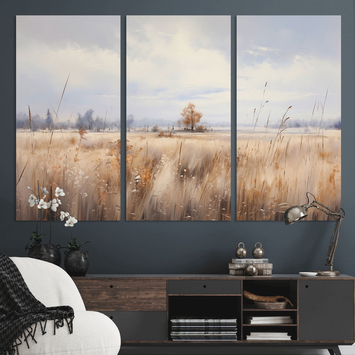 Golden Fields Wall Art Print Canvas | Serene Minimalist Landscape for Farmhouse Decor
