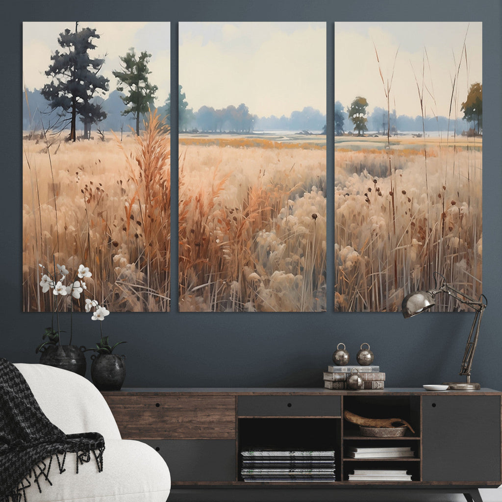 Golden Fields Canvas Wall Art Print | Serene Minimalist Landscape for Modern Decor