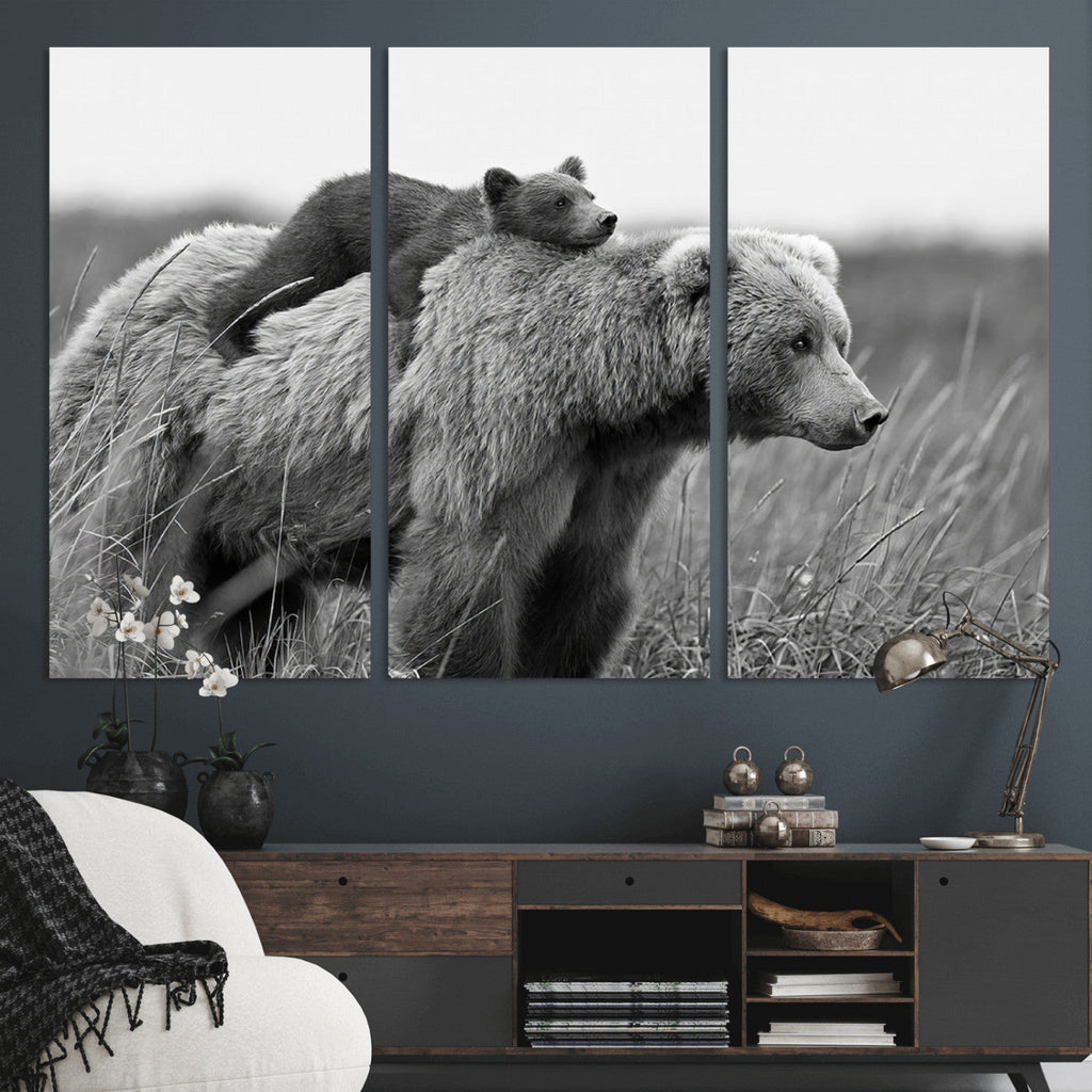 Bear and Cub Wall Art Canvas | Grizzly 399 Bear and Cub Black and White Wildlife Print