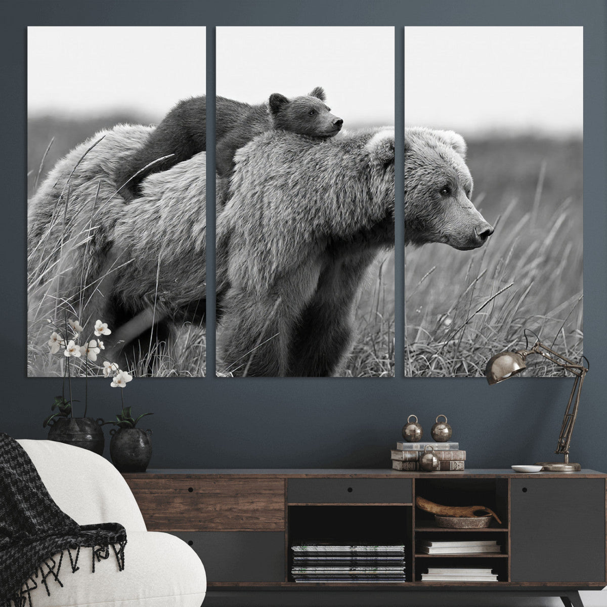 Bear and Cub Wall Art Canvas | Grizzly 399 Bear and Cub Black and White Wildlife Print