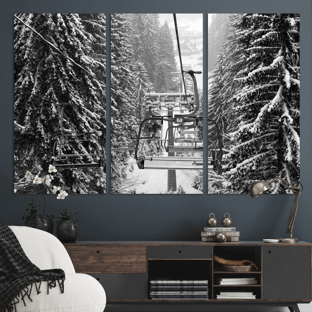 Winter Ski Lift Black and White Canvas Wall Art | Alpine Escape in Minimalist Style