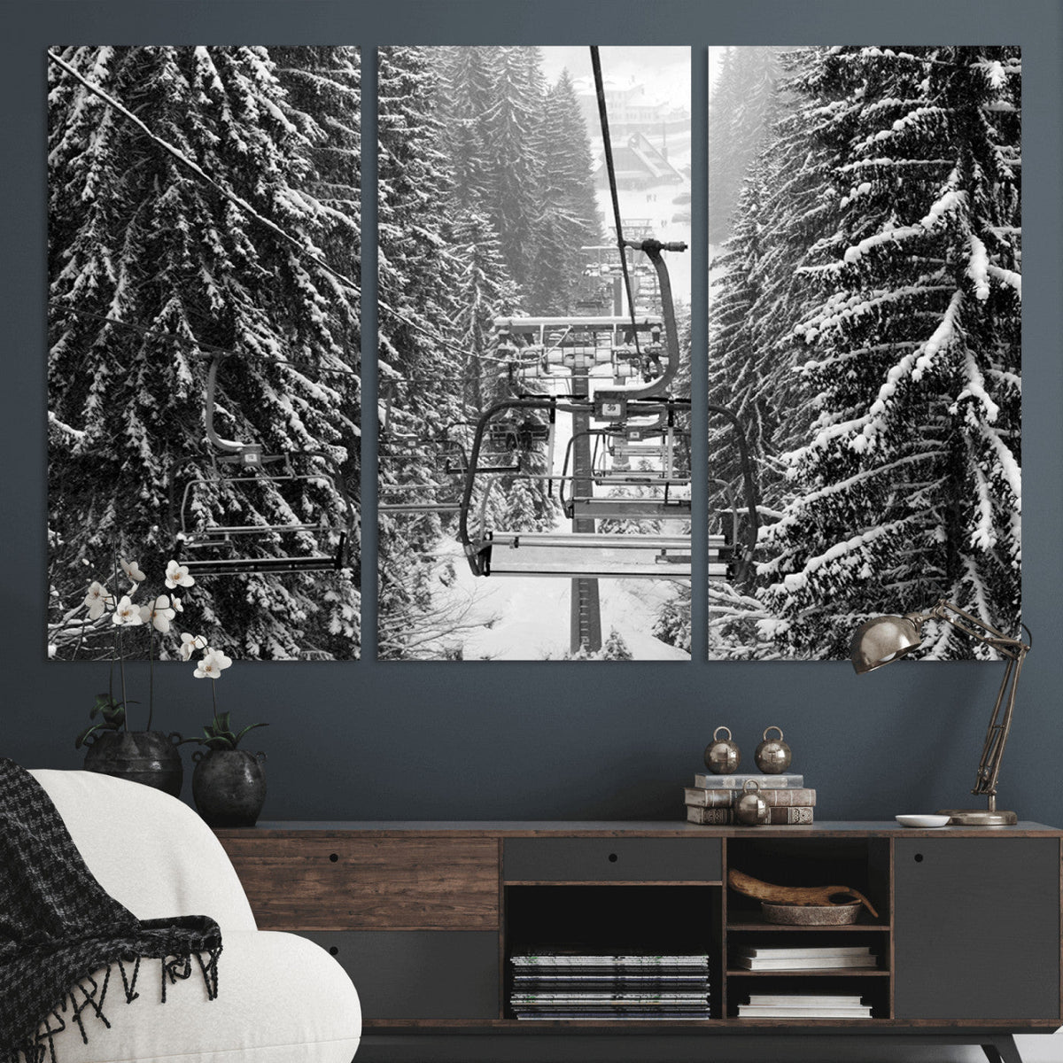 Winter Ski Lift Black and White Canvas Wall Art | Alpine Escape in Minimalist Style