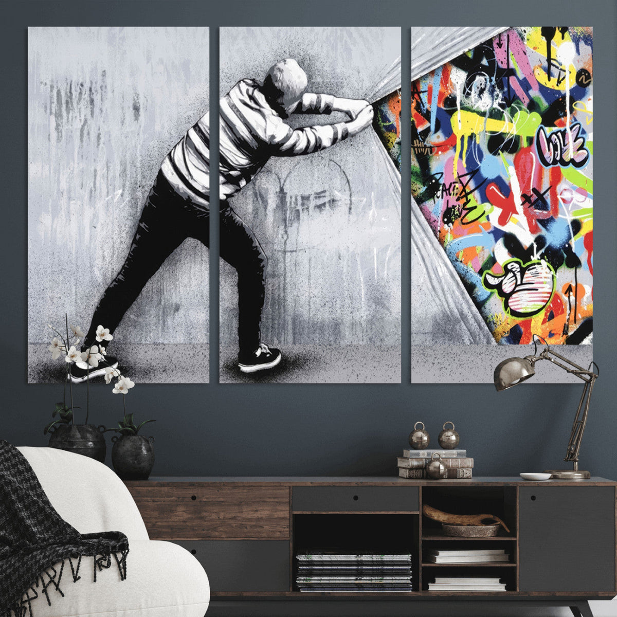 Banksy Art Behind the Curtain Street Wall Art Canvas Print | Urban Graffiti Style Wall Decor