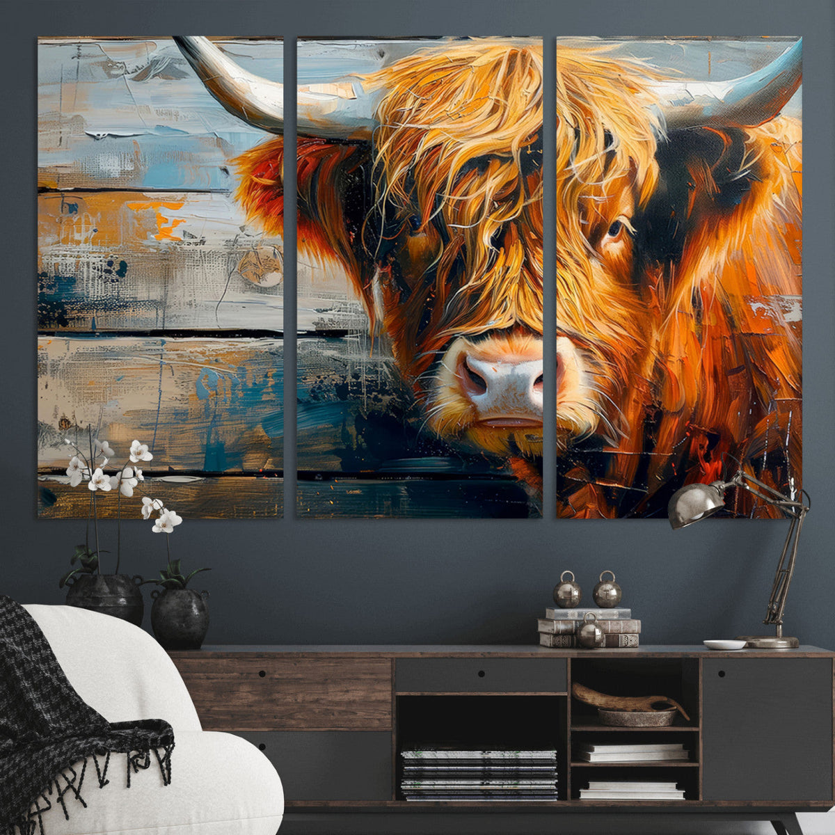 Highland Cow Abstract Canvas Wall Art, Bold Farmhouse Decor