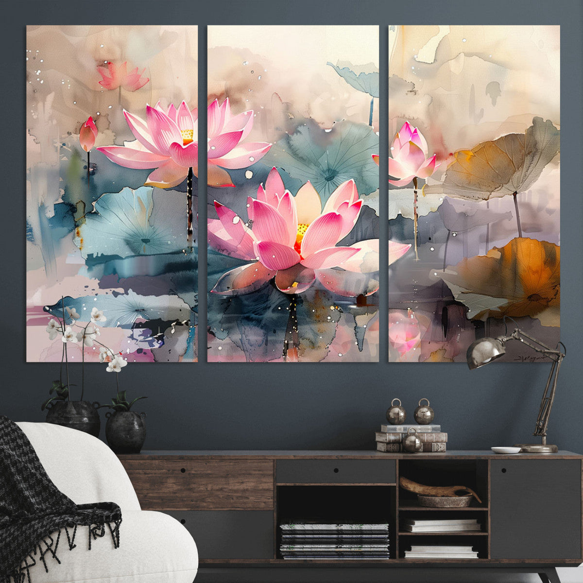 Lotus Flower Wall Art | 3 Panel Giclee Canvas Print of Pink Lotus Blossoms