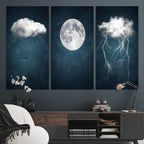 3 Piece Indigo Cloud Wall Art, Thunderstorm Moon Cloud Artwork
