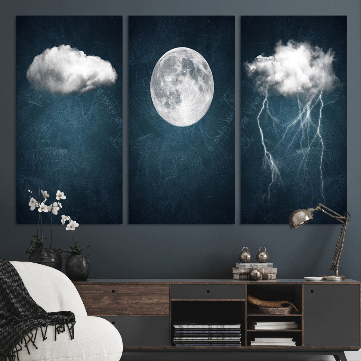 3 Piece Indigo Cloud Wall Art, Thunderstorm Moon Cloud Artwork