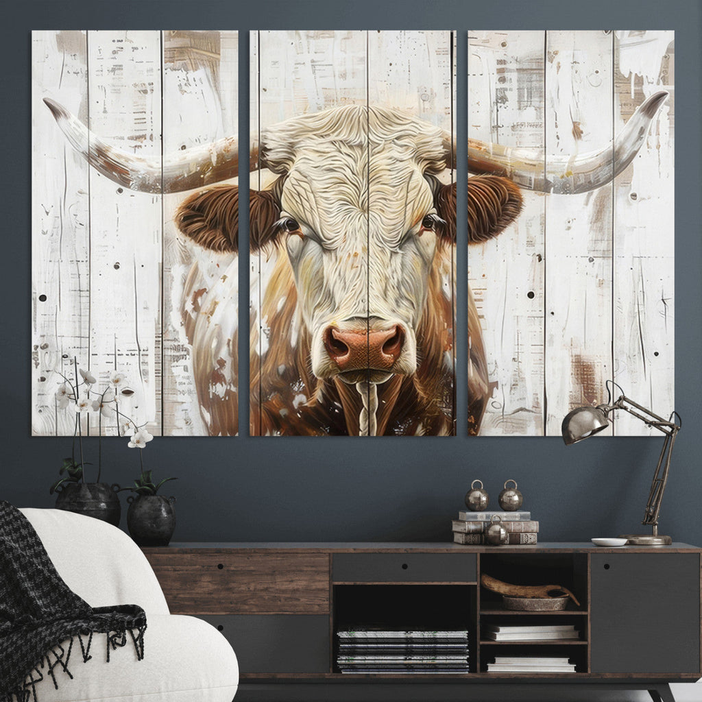 Rustic Longhorn Bull Wall Art Canvas Set