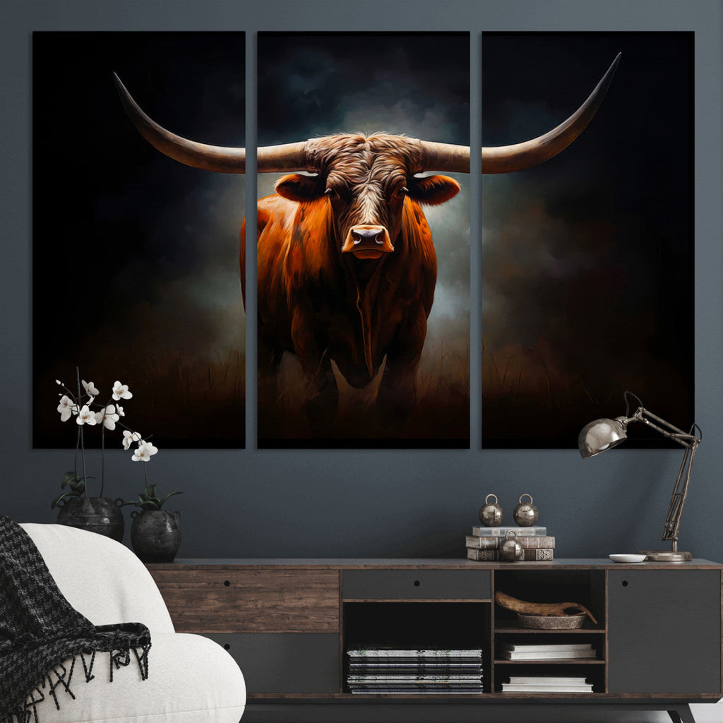 Abstract Texas Longhorn Wall Art Print | 3-Panel Large Texas Longhorn Canvas
