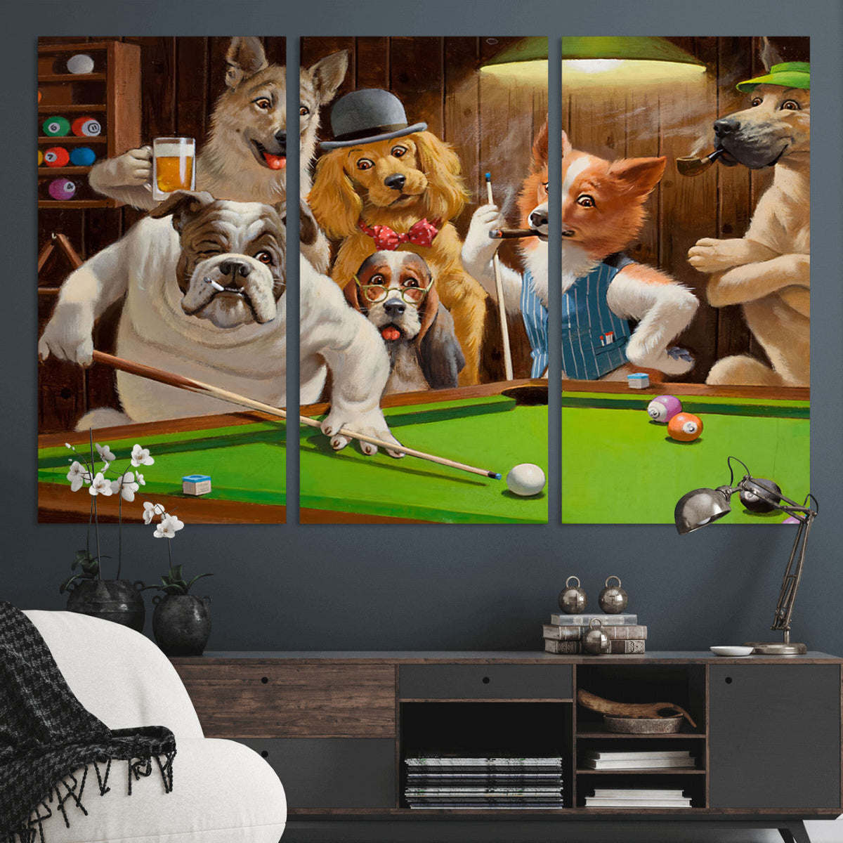 Dogs Playing Pool Canvas Wall Art Funny Gifts Dog Print