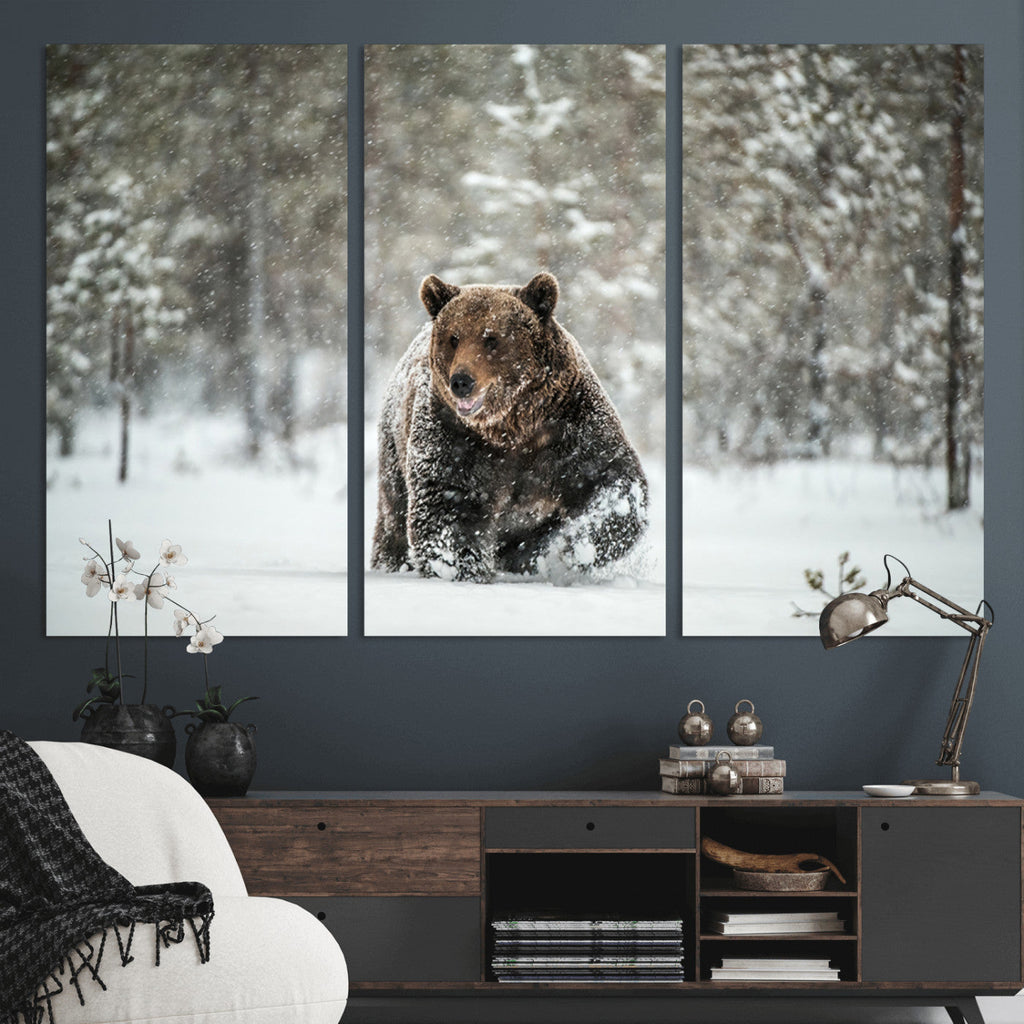 Grizzly Bear Wall Art | Framed Snowy Forest Canvas Artwork