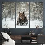 Grizzly Bear Wall Art | Framed Snowy Forest Canvas Artwork