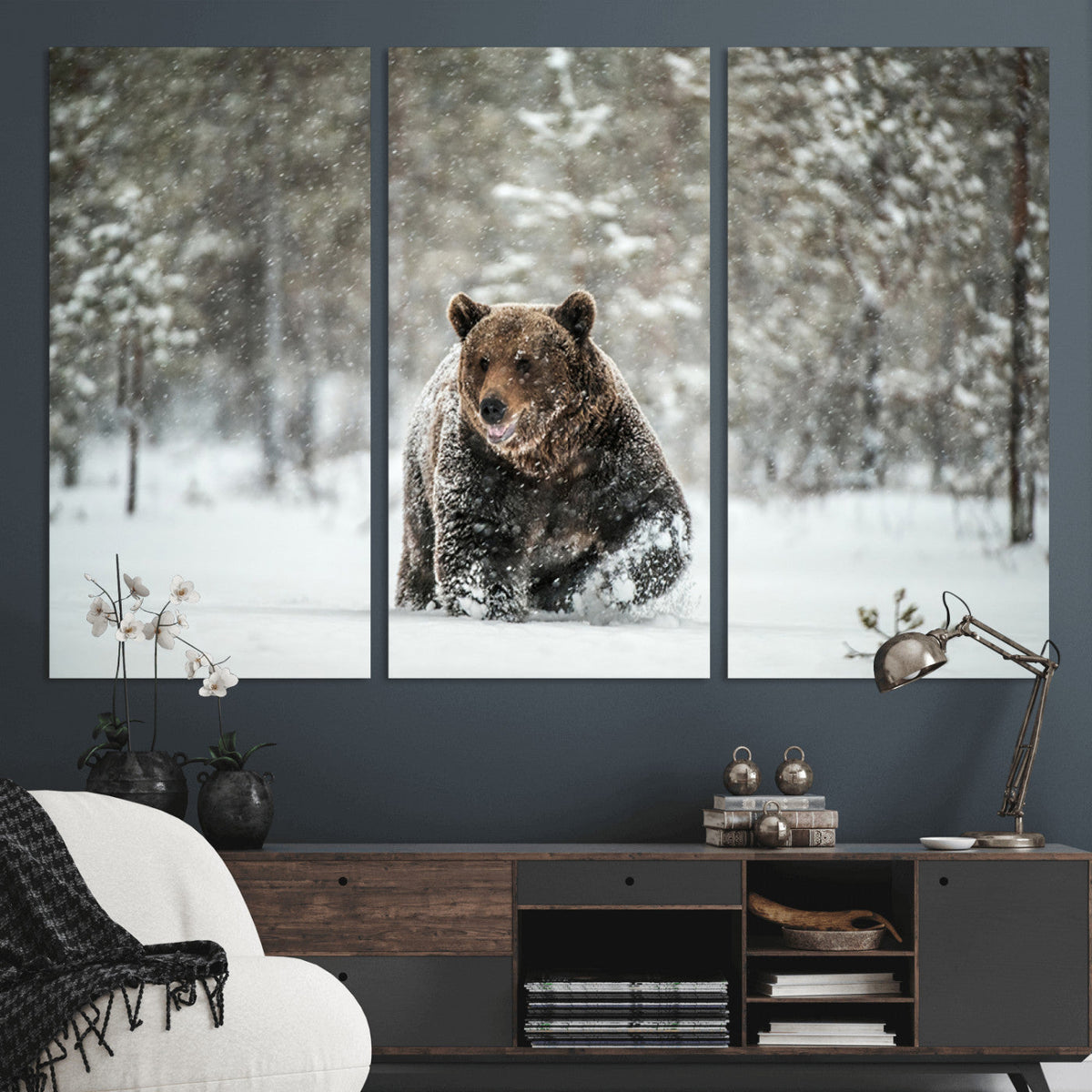 Grizzly Bear Wall Art | Framed Snowy Forest Canvas Artwork