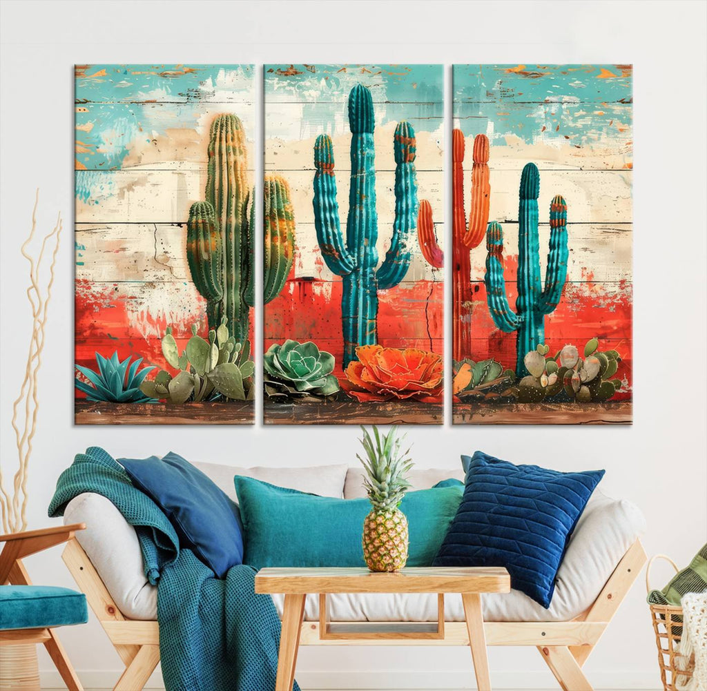 Colorful Cacti Wall Art | Framed Vibrant Succulent Canvas