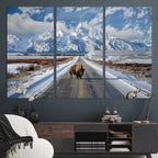 Bison Wall Art | Snowy Road Wall Art | Framed Mountain Landscape Canvas