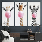 Bubblegum Animals Canvas Wall Art, Playful Giraffe and Zebra Trio, Whimsical Nursery and Kids Room Decor