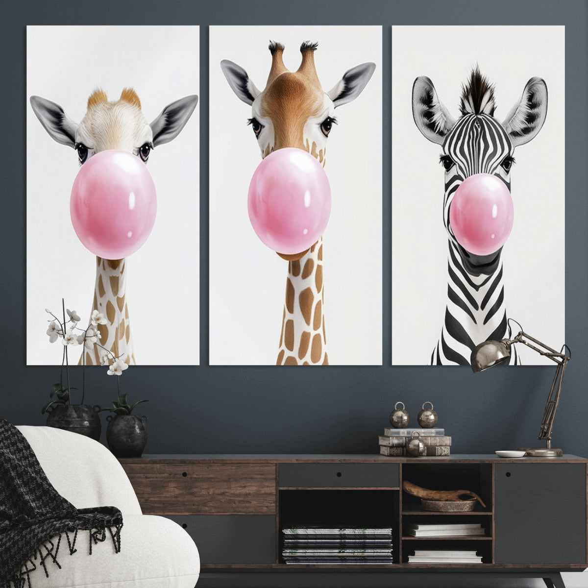 Bubblegum Animals Canvas Wall Art, Playful Giraffe and Zebra Trio, Whimsical Nursery and Kids Room Decor