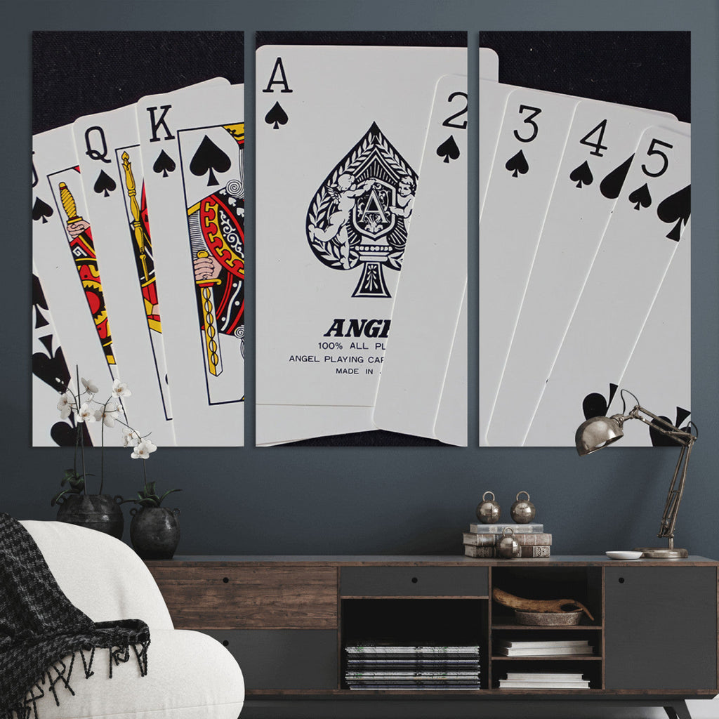 Poker Wall Art - Playing Cards Canvas Wall Art Print - Ace of Spades and Royal Flush Design