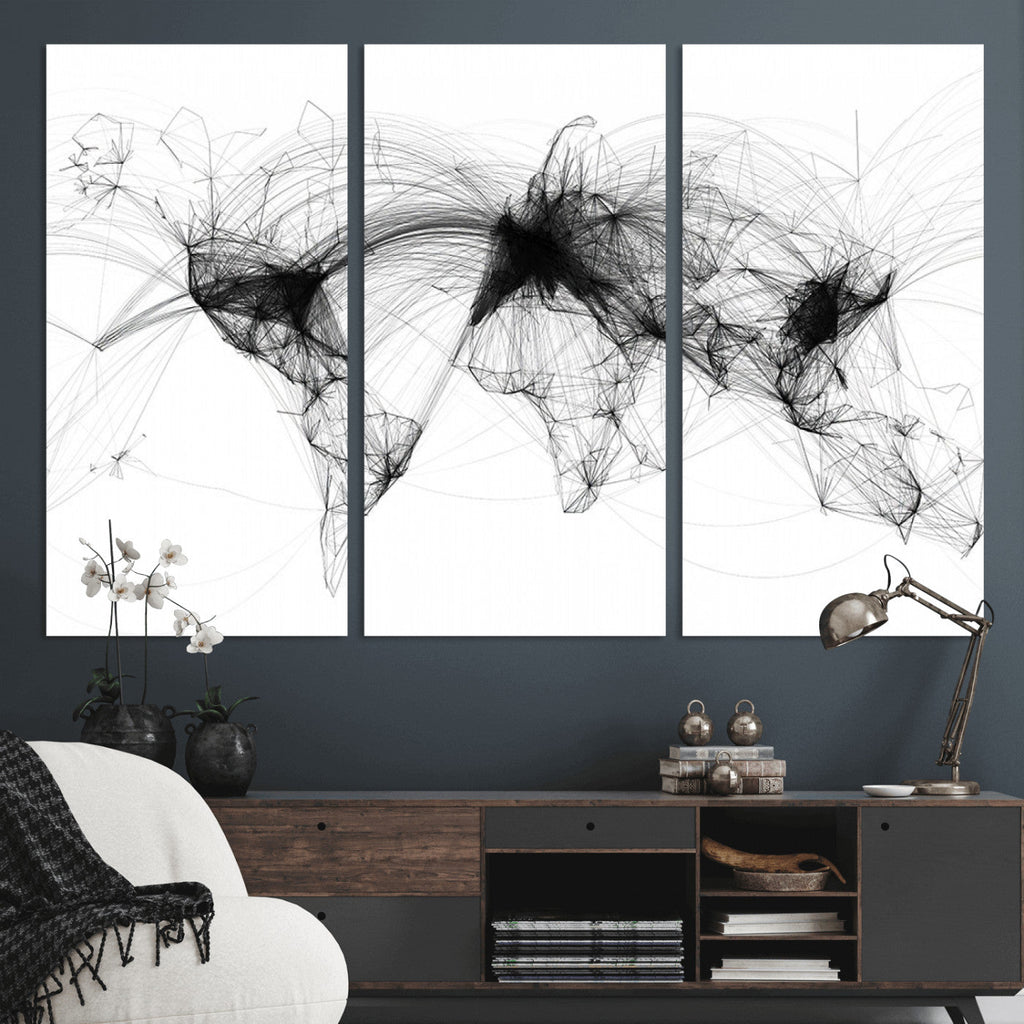 Abstract World Map Wall Art | Framed Geometric Line Canvas