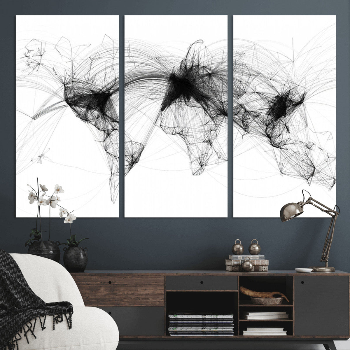 Abstract World Map Wall Art | Framed Geometric Line Canvas