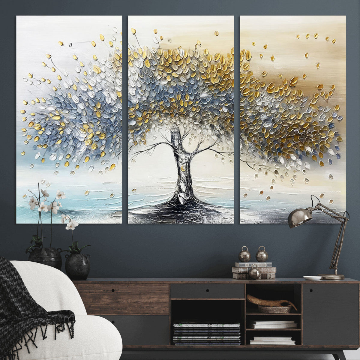 Golden and Silver Tree Wall Art | Framed Elegant Leaves Canvas
