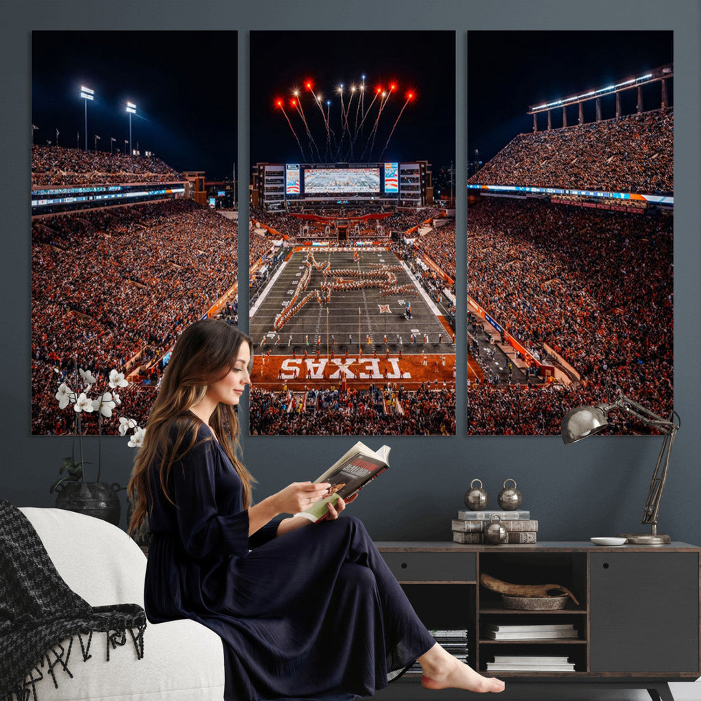 Texas Stadium Night Game Wall Art Canvas Print, Vibrant Football Fireworks Scene