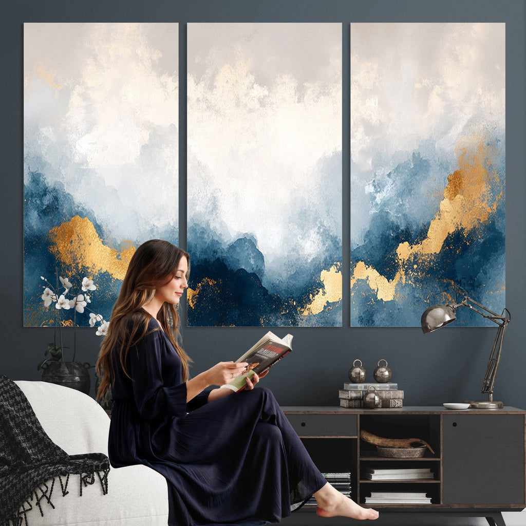 Abstract Blue and Gold Clouds Wall Art Canvas Print, Framed Modern Landscape Artwork