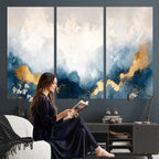 Abstract Blue and Gold Clouds Wall Art Canvas Print, Framed Modern Landscape Artwork