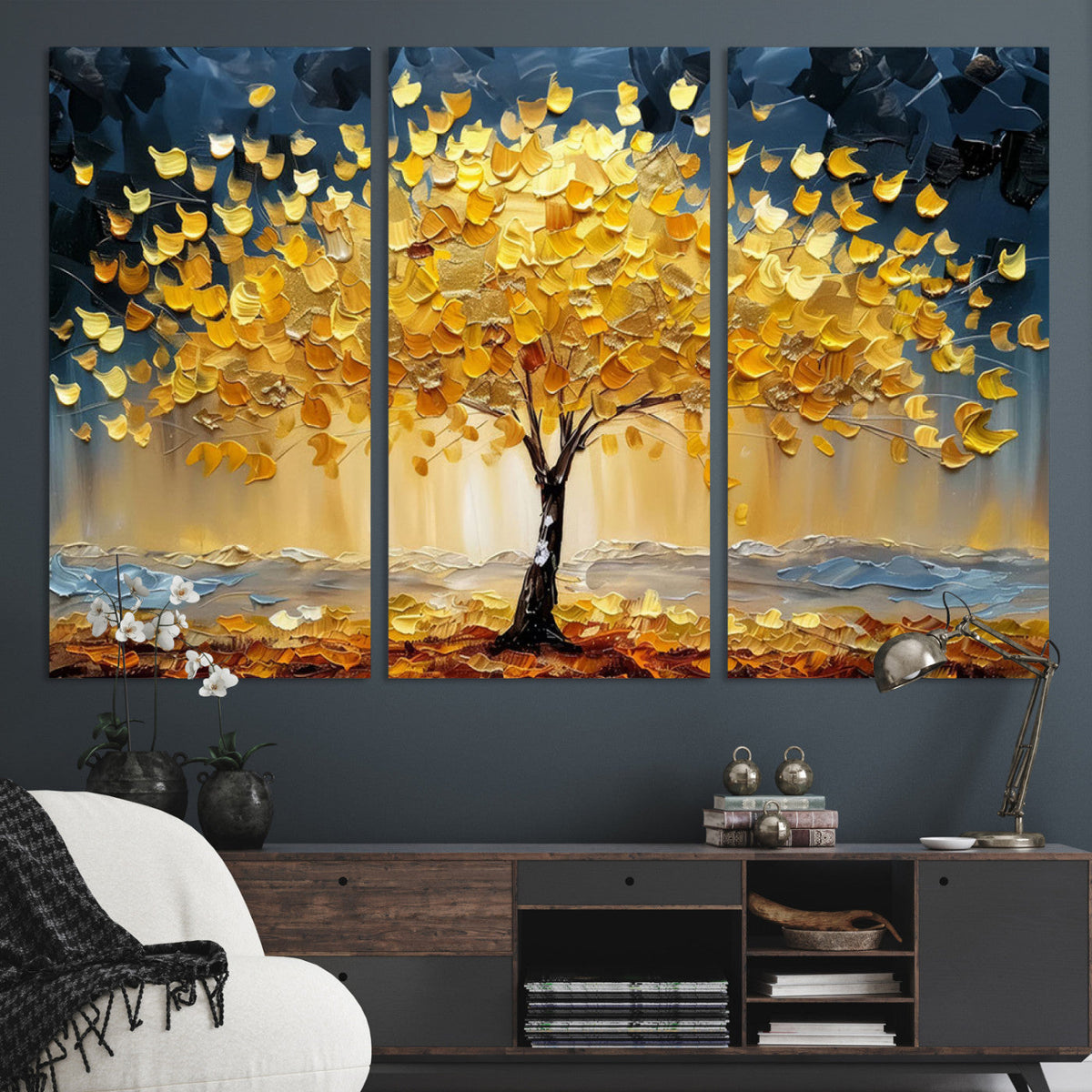 Golden Tree Wall Art | Framed Autumn Leaves Canvas Artwork