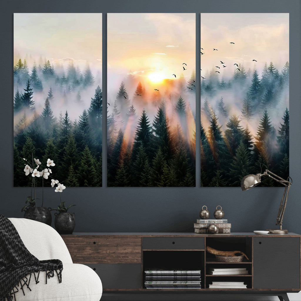 Abstract Forest Wall Art, Serene Nature Canvas Print with Misty Forest Design for Modern Home Decor