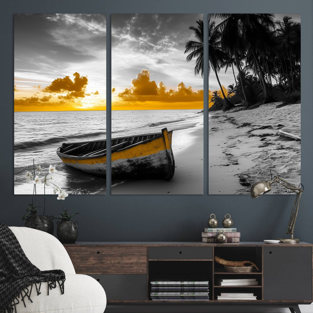 Yellow Rowboat Wall Art | Framed Tropical Shoreline Canvas