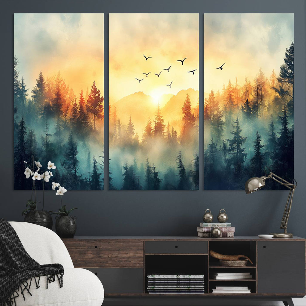 Sunrise Forest Wall Art | Framed Misty Pines Canvas Artwork