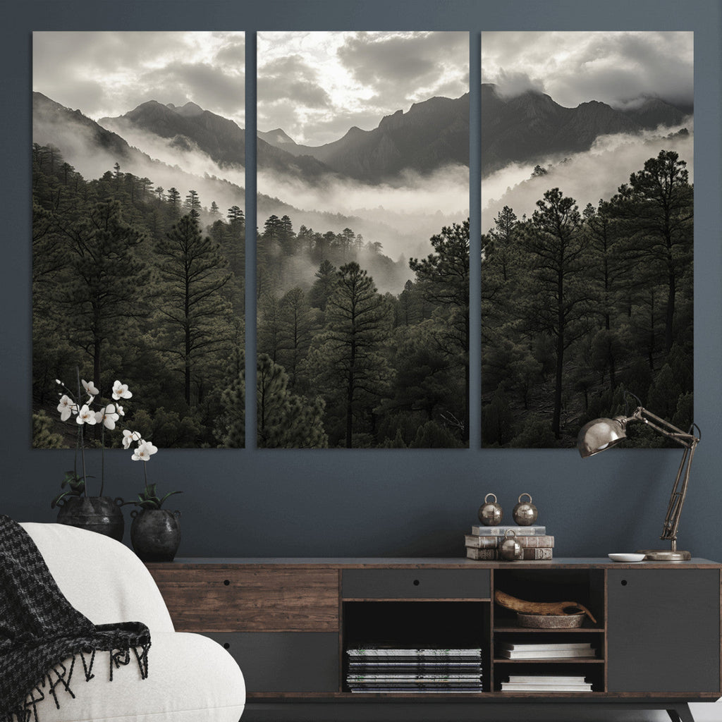 Moody Forest Wall Art | Framed Mountain Fog Canvas Artwork
