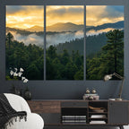 Mountain Sunrise Wall Art | Framed Pine Forest Canvas