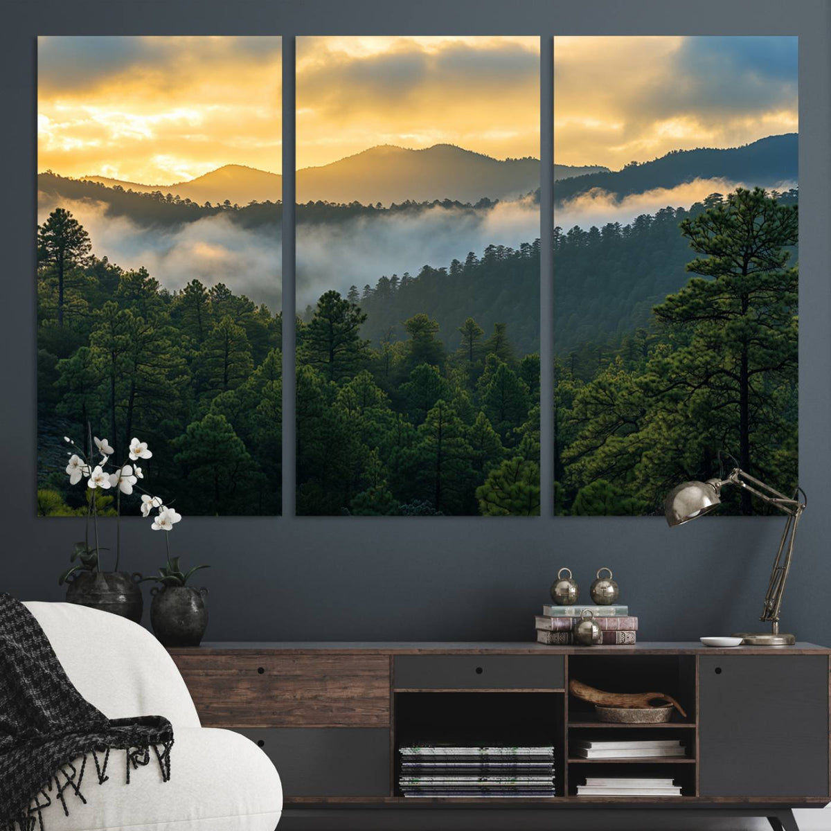 Mountain Sunrise Wall Art | Framed Pine Forest Canvas