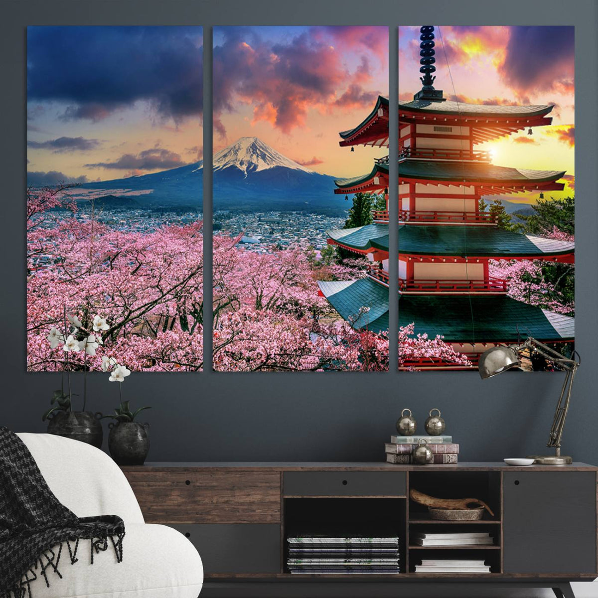 Mount Fuji Cherry Blossom Wall Art Canvas Print | Framed Pagoda Sunset