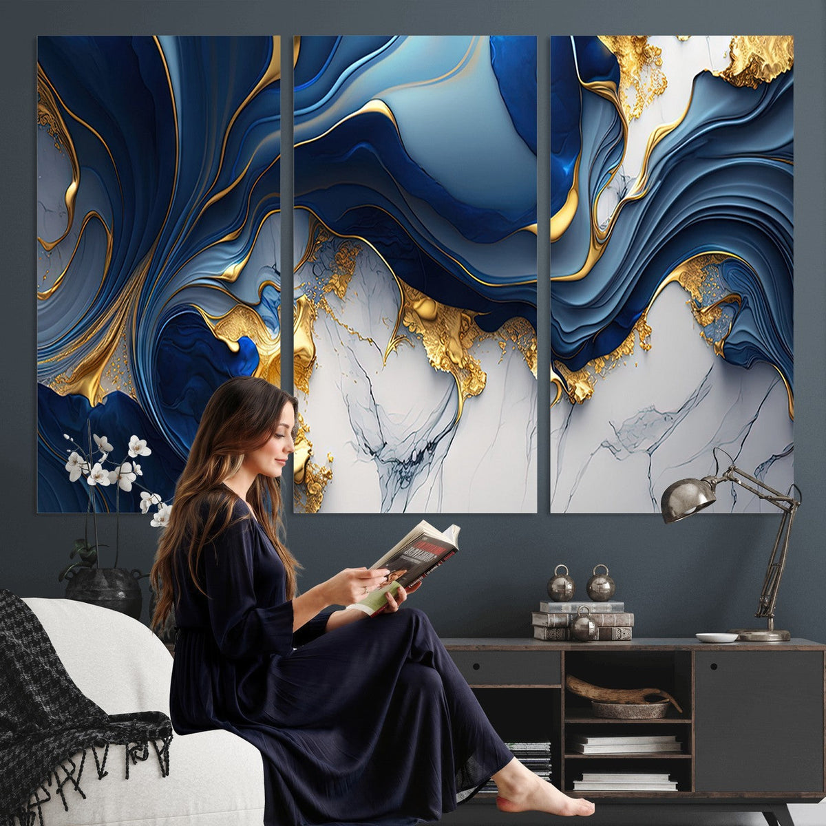 Blue Marble Wall Art Canvas Print | Framed Gold Veins
