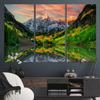 Sunset Glow Mountain Wall Art Canvas Print | Peaks, Green Forest and Lake