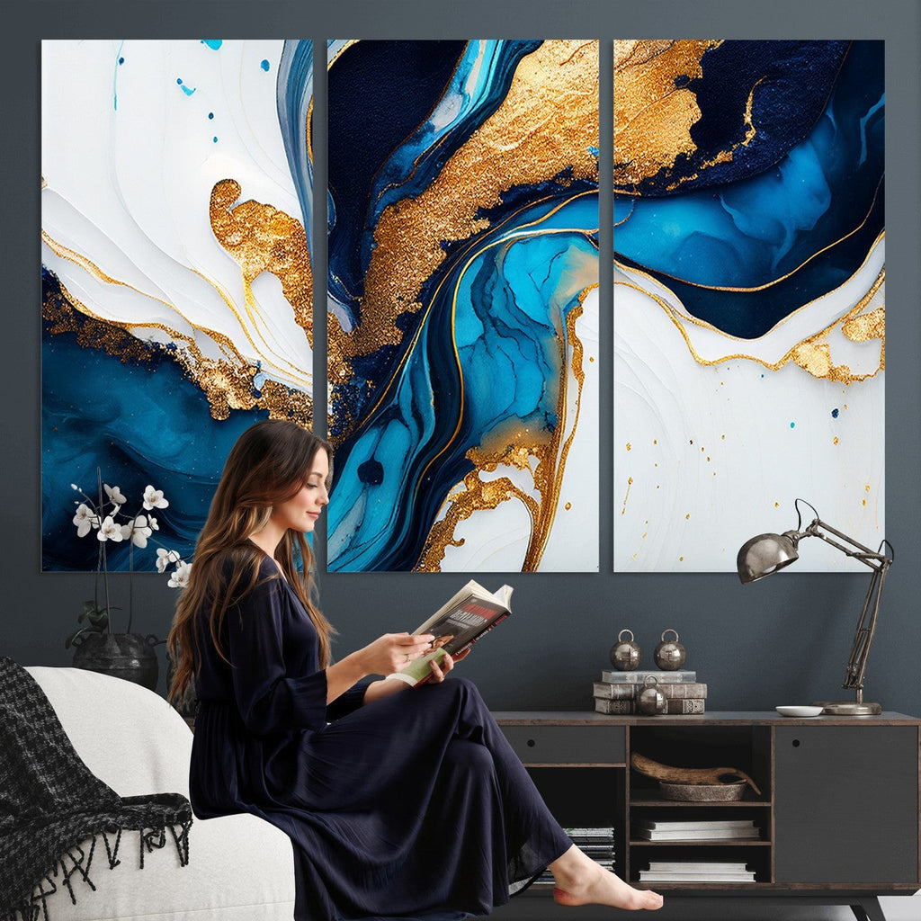 Gold Blue Abstract Canvas Print, Elegant Navy and Gold Marble Flow