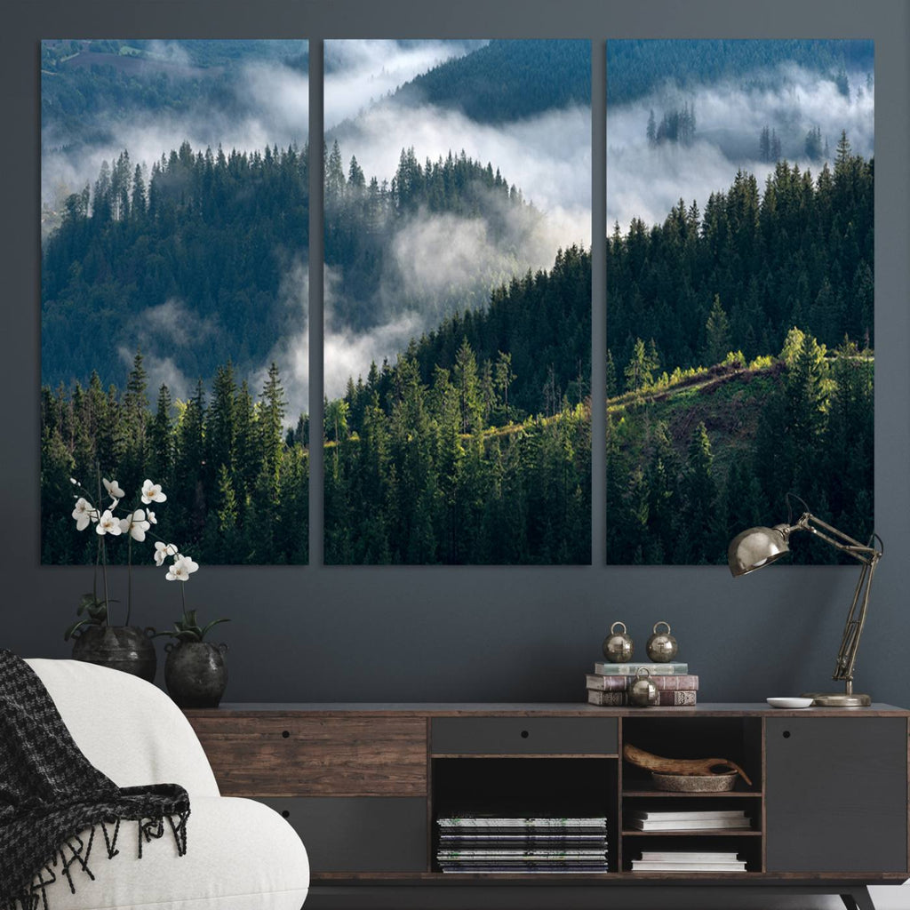 Misty Forest Wall Art Canvas Print | Pine Hills with Foggy Trees