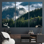 Misty Forest Wall Art Canvas Print | Pine Hills with Foggy Trees