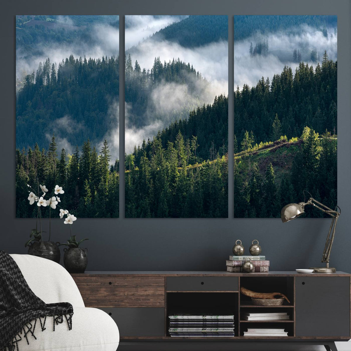 Misty Forest Wall Art Canvas Print | Pine Hills with Foggy Trees