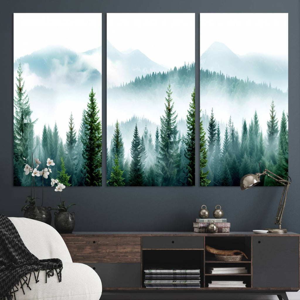 Misty Pine Forest Wall Art, Foggy Mountain Landscape Canvas