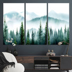 Misty Pine Forest Wall Art, Foggy Mountain Landscape Canvas