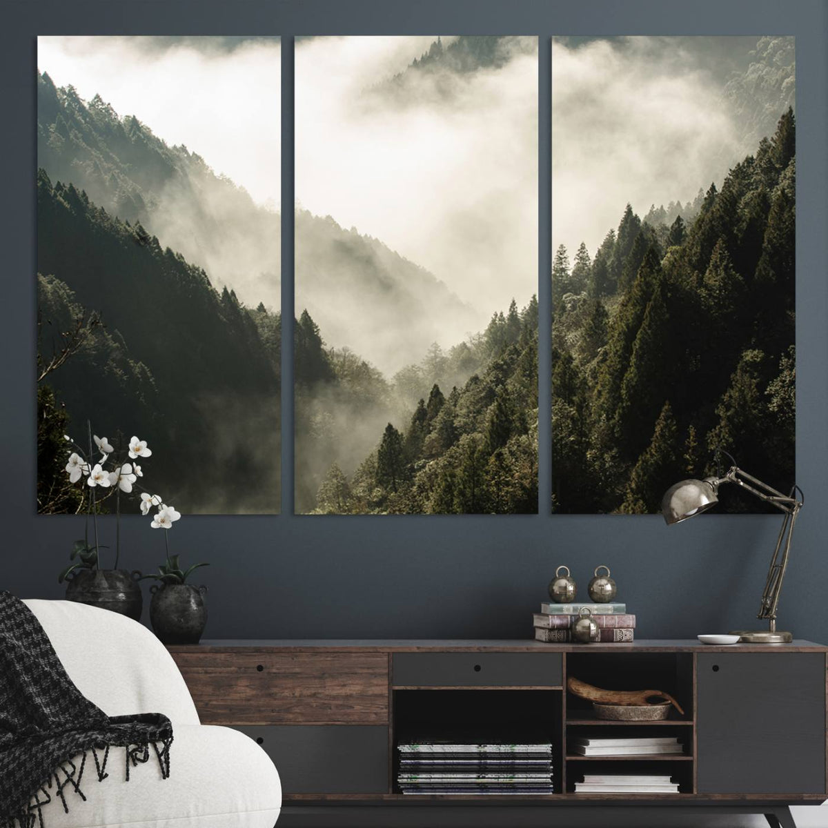 Misty Valley Wall Art Canvas Print | Foggy Forest and Pine Trees