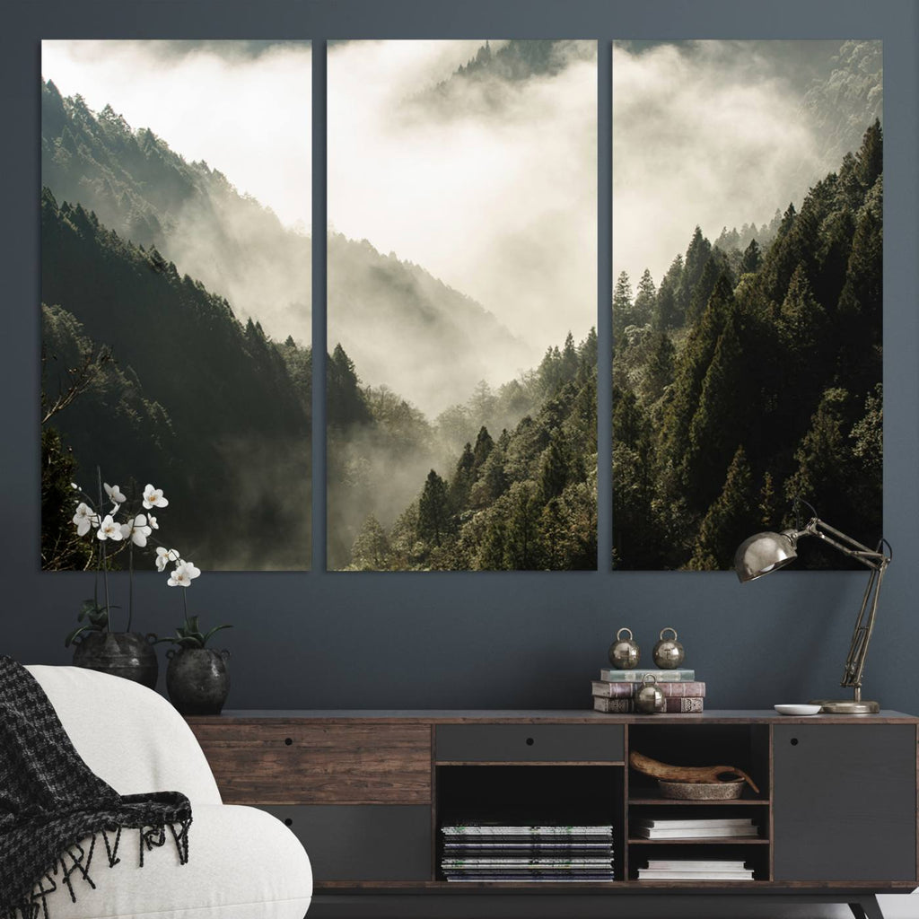 Misty Valley Wall Art: Foggy Forest Canvas Print
