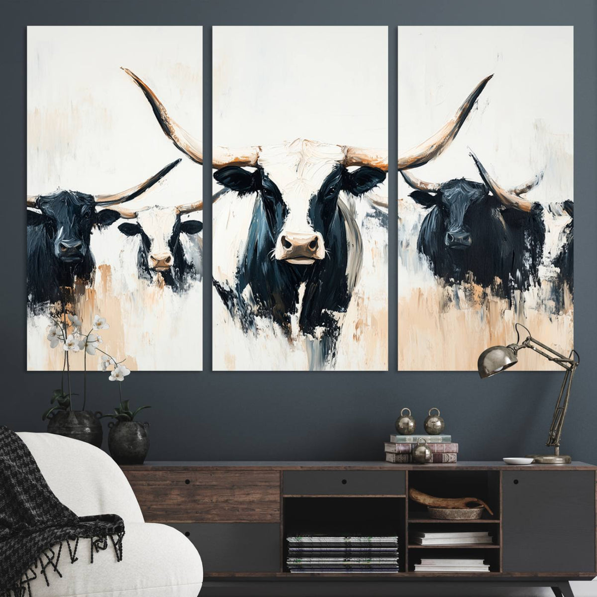 Texas Longhorn Wall Art Canvas Print | Majestic Horned Bull in Black and White