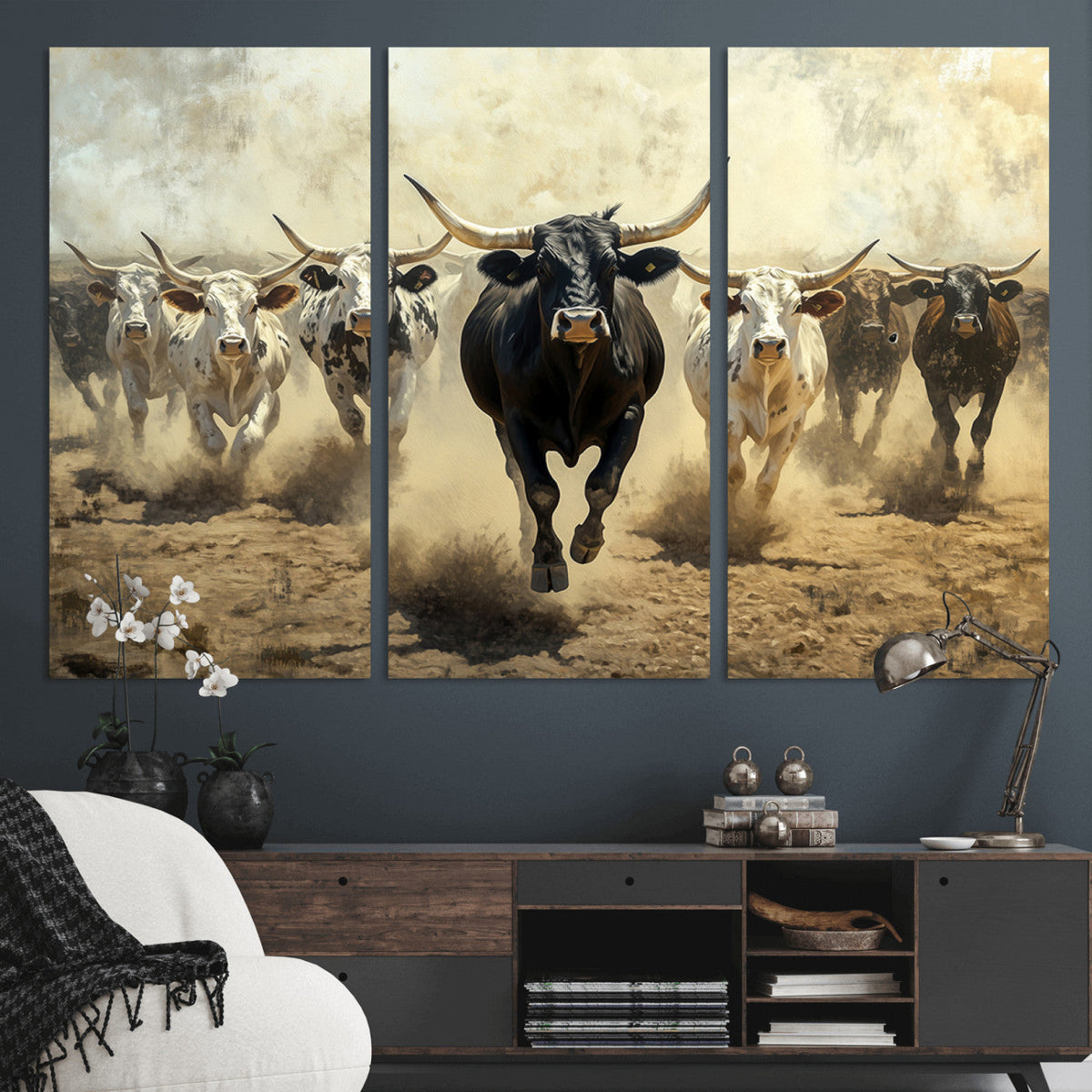 Texas Longhorn Wall Art | Framed Charging Cattle Canvas