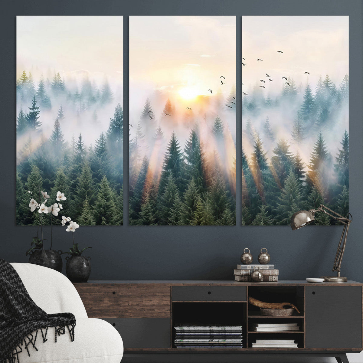 Misty Pine Forest Wall Art Canvas, Sunrise Over Foggy Trees